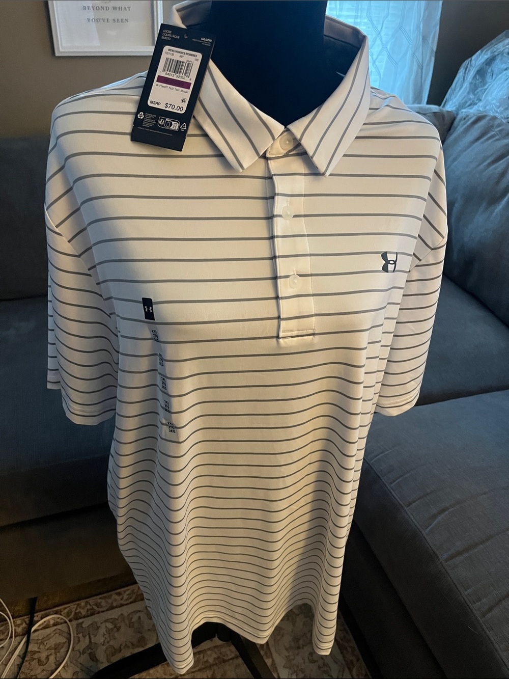 NWT Under Armour Men’s White with Gray pinstripes The Playoff Polo UPF 40 2XL